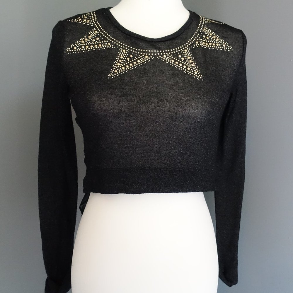 Black Long Sleeve Crop Top with Mesh Back